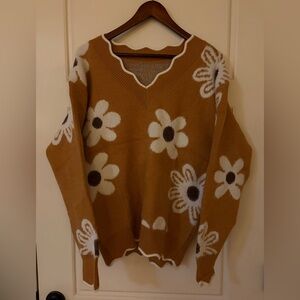 Oversized Floral Patterned Brown mustard Sweater